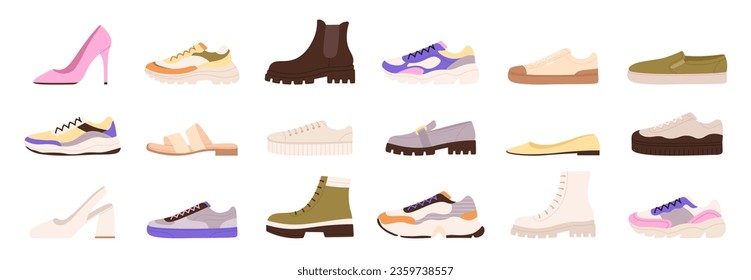 Casual footwear. Shoes types design, fashionable male and female footwears. Isolated stylish sneakers and boots models. Fashion racy vector set