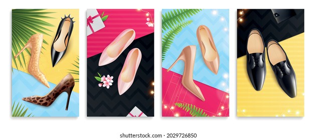 Casual formale festliche klassische Männer Frauen Schuhe 4 realistische bunte Palmfronten Hintergrund Werbeplakate Vektorgrafik