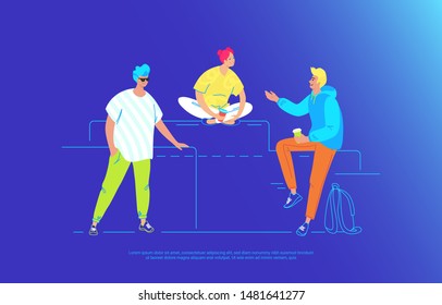 Casual friends talking and smiling together. Gradient vector illustration of three young teenegers are sitting on the floor and chatting and having live conversation to tell stories