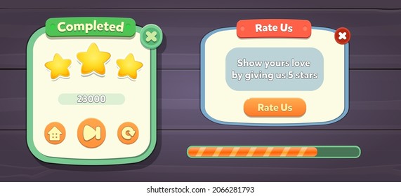Casual Game UI Menu Popups With Buttons And Game Assets 