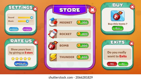 Casual Game UI Menu Popups With Buttons And Game Assets 