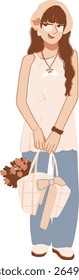Casual Girl Holding a Canvas Tote Bag with Flowers – Flat Illustration