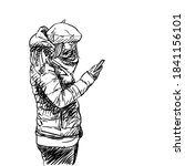 Casual girl in warm winter clothes standing and using smartphone. City people vector sketch, Hand drawn illustration isolated