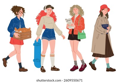 Casual Girls with Objects Vector Illustration Set