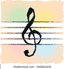 Casual grunge hand-drawn matisse-style treble clef music icon over soft-focus watercolor pastel background