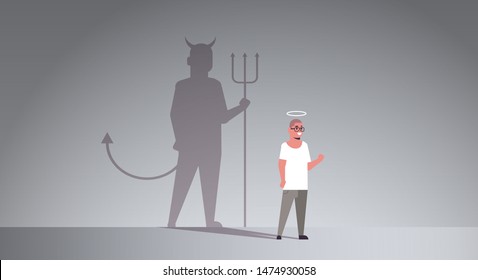 casual guy with nimbus choosing between good and evil shadow of devil imagination aspiration concept male cartoon character standing pose full length flat horizontal