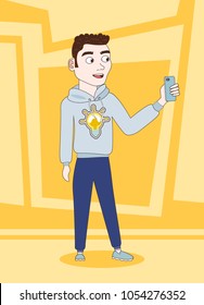 Chico Casual Se Toma Selfie Con El Teléfono Inteligente Posando Hacer Autofoto