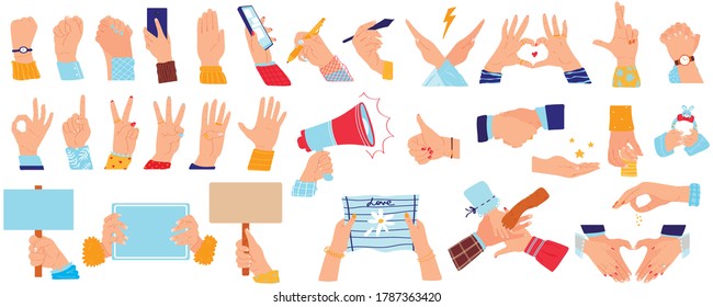 Casual Hand Gesture, Arm Hold Handshake Vector Illustration Set. Cartoon Flat Handshaking Or Grip Handclasp, People Holding Support Arms, Finger Signals Body Communication Collection Isolated On White