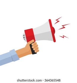 Casual hand holding bullhorn vector illustration, concept of news announcement, loud shout, shouting people, advertisement speech symbol, broadcasting flat modern design isolated on white background