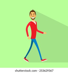 Casual Happy Man Walking Side Flat Vector Illustration