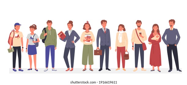 Ilustración vectorial Casual happy people. Caricatura de diferentes edades y profesiones personajes femeninos de pie juntos, personas con varias ropas elegantes de estilo casual aisladas en blanco