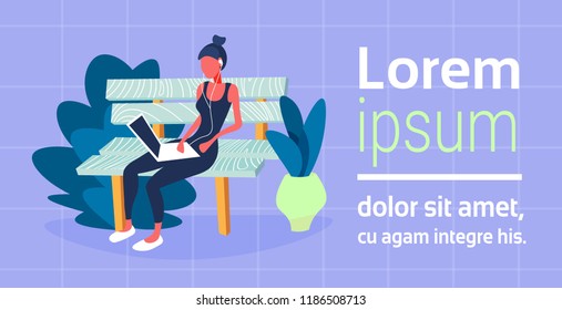 casual headphones woman using laptop sitting wooden bench female freelancer concept cartoon character full length horizontal copy space flat vector illustration