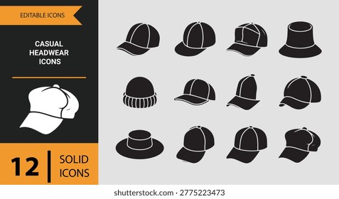 Casual headwear solid icons collection including hats caps and trendy everyday headwear perfect for fashion and lifestyle design use