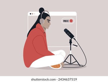 Casual Home Podcast Recording in Progress, An individual slouches comfortably while recording a new episode, capturing a relaxed, creative moment