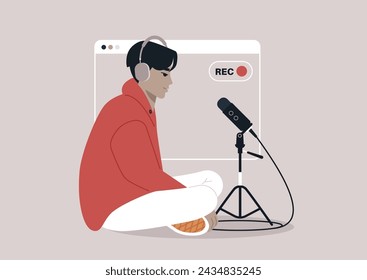 Casual Home Podcast Recording in Progress, An individual slouches comfortably while recording a new episode, capturing a relaxed, creative moment