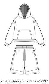Casual Hoodie and Drawstring Shorts Set Technical Fashion Flat. Women’s Activewear Vector Template. Front design. Kangaroo Pocket Hoodie. Relaxed Shorts. Comfortable Fit. CAD Mockup set.