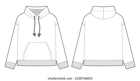 Casual hoodie technical sketch. CAD mockup template hoody. Drawing kids clothes. Back and front view. Design for packaging, fashion catalog. Vector illustration