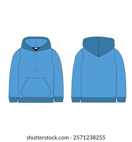 Casual hoodie technical sketch. mockup template hoody. Drawing kids clothes. Back and front view. Design for packaging, fashion catalog. Vector illustration