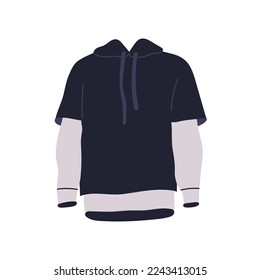 Casual hoodie. Unisex pullover garment, fleece clothes with string closure. Two-piece sweatshirt, warm comfortable apparel. Modern wearing. Flat vector illustration isolated on white background