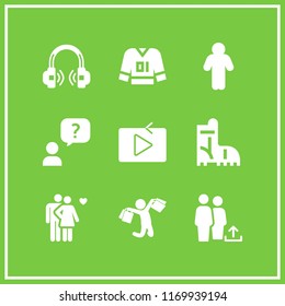 casual icon. 9 casual vector set. man with a question in speech bubble, happy shopper jumping with shopping bags, headphones and group icons for web and design about casual theme