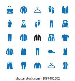 Casual icon. collection of 25 casual filled icons such as hanger, flip flops, overcoat, singlet, jacket, sleeveless shirt, pants. editable casual icons for web and mobile.