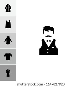 Casual icon. collection of 6 casual filled icons such as singlet, overcoat, casino boy. editable casual icons for web and mobile.