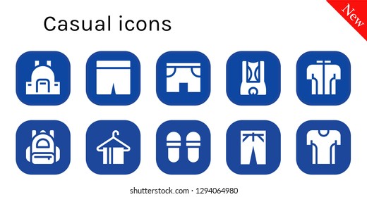  casual icon set. 10 filled casual icons. Simple modern icons about  - Backpack, Shorts, Tshirt, Hanger, Slippers, Trousers