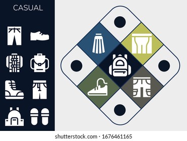 casual icon set. 13 filled casual icons.  Simple modern icons such as: Backpack, Slippers, Boots, Pants, Jacket, Trousers, Shoes, Skirt, Sport shoes, Shorts