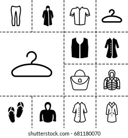 Casual icon. set of 13 filled and outline casual icons such as flip flops, overcoat, sleeveless shirt, hoodie, hanger, woman bag, jacket