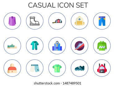 casual icon set. 15 flat casual icons.  Simple modern icons about  - jacket, sneakers, boot, pijama, cap, backpack, gym shoes, trousers, sweater, winter hat, shorts, tshirt, boots