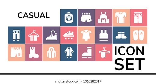 casual icon set. 19 filled casual icons.  Simple modern icons about  - Boxer, Sweatpants, Shorts, Boot, Hoodie, Pijama, Boots, Hanger, Sport shoes, Sport shoe, Baby clothes, Sleeveless