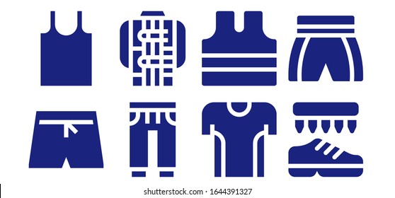 casual icon set. 8 filled casual icons.  Simple modern icons such as: Swim shorts, Tank top, Sweatpants, Jacket, Tshirt, Sleeveless shirt, Shoes, Shorts
