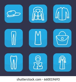Casual icon. set of 9 outline casual icons such as woman bag, casino boy, singlet, jacket, woman pants, overcoat