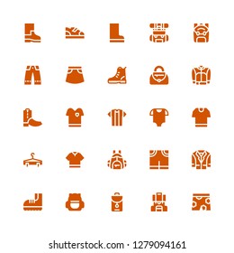 casual icon set. Collection of 25 filled casual icons included Short, Backpack, Backpacks, Boots, Jacket, Pants, Tshirt, Hanger, Baby clothes, Handbag, Boot, Skirt, Trousers