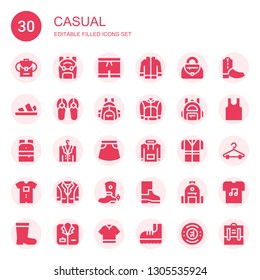 casual icon set. Collection of 30 filled casual icons included Backpack, Shorts, Jacket, Handbag, Sandals, Skirt, Hoodie, Tshirt, Baby clothes, Boot, Boots, Sleeveless, Hanger