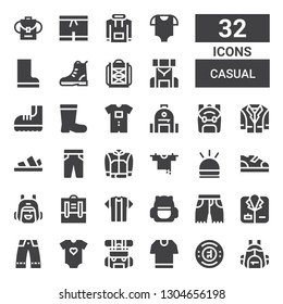 casual icon set. Collection of 32 filled casual icons included Backpack, Chelsea, Tshirt, Baby clothes, Trousers, Coat, Shorts, Boots, Hooter, Clothes hanger, Jacket, Sandals