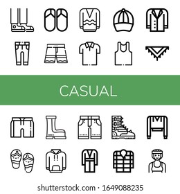 casual icon set. Collection of Sneaker, Trousers, Flips flops, Shorts, Long sleeve, Polo shirt, Baseball cap, Undershirt, Jacket, Shawl, Short, Flip flops, Boots, Hoodie icons