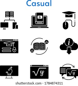 conjunto de iconos casuales. incluye comentarios, escuela, aprendizaje, tarea, matemáticas, e-learning, información, inicio de sesión, íconos del microscopio. estilos rellenos.