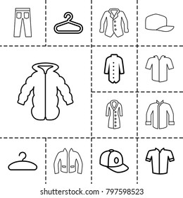 Casual icons. set of 13 editable outline casual icons such as hanger, jacket, baseball cap, pants