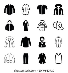 Casual icons. set of 16 editable filled and outline casual icons such as casino boy, sweater, jacket, woman pants, overcoat, singlet, baseball cap