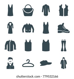 Casual icons. set of 16 editable filled casual icons such as woman bag, overcoat, singlet, woman pants, jacket, baseball cap, hanger, casino boy, sleeveless shirt