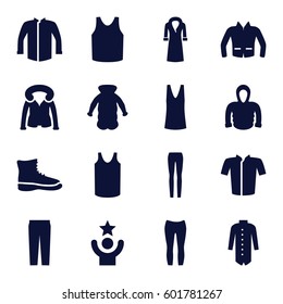 casual icons set. Set of 16 casual filled icons such as singlet, jacket, pants, woman pants, hoodie, overcoat, celebrity
