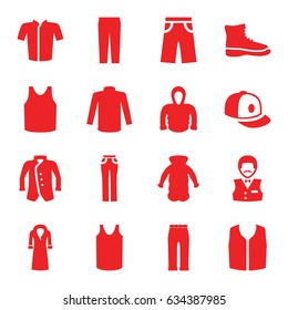 Casual icons set. set of 16 casual filled icons such as casino boy, singlet, sweater, jacket, sleeveless shirt, pants, woman pants, baseball cap, hoodie, overcoat