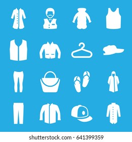 Casual icons set. set of 16 casual filled icons such as hanger, woman bag, flip flops, casino boy, overcoat, singlet, jacket, sleeveless shirt, pants, woman pants