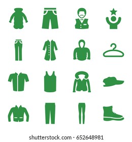 Casual icons set. set of 16 casual filled icons such as casino boy, singlet, jacket, pants, woman pants, hoodie, overcoat, hanger, celebrity, boot