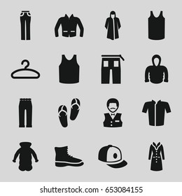 Casual icons set. set of 16 casual filled icons such as flip flops, casino boy, overcoat, singlet, jacket, pants, woman pants, baseball cap, hoodie, hanger