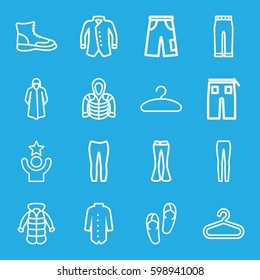 casual icons set. Set of 16 casual outline icons such as hanger, flip flops, overcoat, pants, woman pants, jacket, hoodie, celebrity