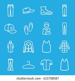 Casual icons set. set of 16 casual outline icons such as flip flops, Casino boy, overcoat, singlet, jacket, pants, woman pants, baseball cap, hanger