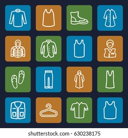Casual icons set. set of 16 casual outline icons such as hanger, flip flops, casino boy, overcoat, singlet, sweater, jacket, sleeveless shirt, woman pants, hoodie