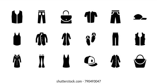 Casual icons. set of 18 editable filled casual icons: woman bag, flip flops, jacket, sleeveless shirt, pants, woman pants, baseball cap, overcoat